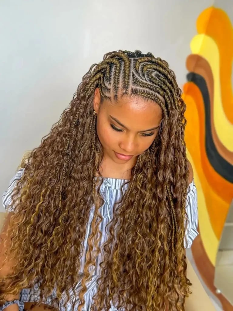 Intricate Scalp Braids With Voluminous Brown and Blonde Curls — Fulani Braids with Curls
