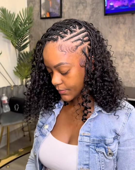 Small Box Braids With Geometric Top and Collarbone Curls — Fulani Braids with Curls