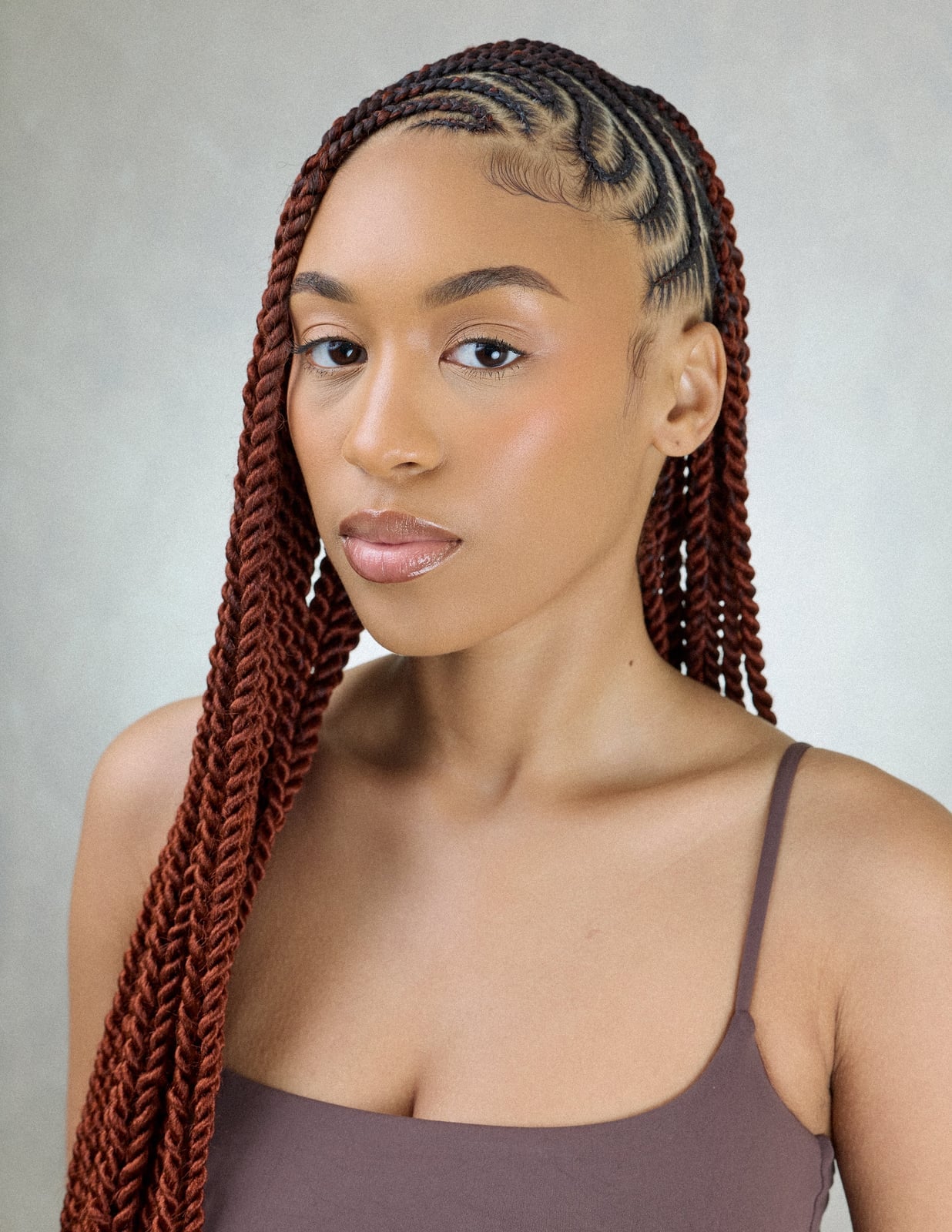 Mid-Back Copper Brown Braids With Straight Twists Mid-Back Copper Brown Braids With Straight Twists — Fulani Twists