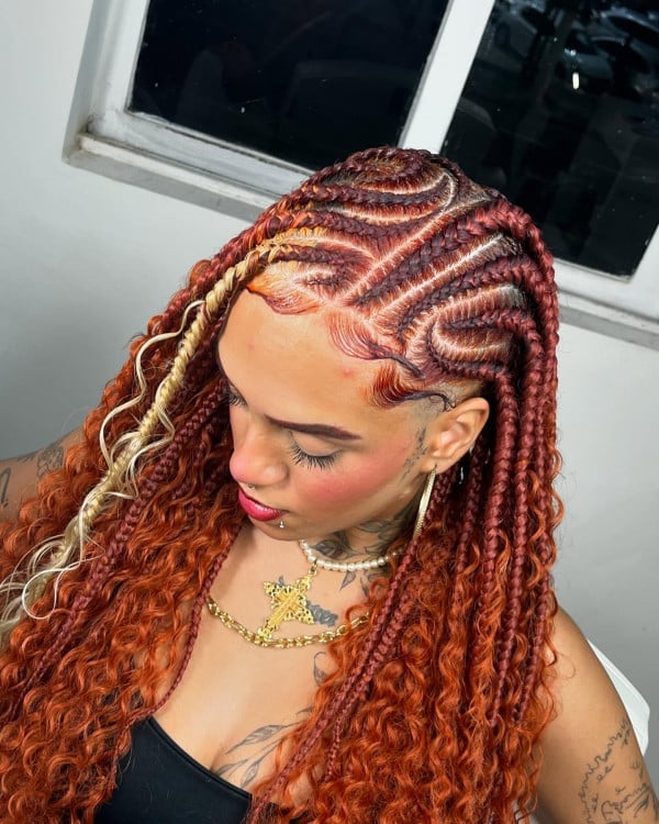 Fiery Copper Mid-Back Braids With Curly Twists Fiery Copper Mid-Back Braids With Curly Twists — Fulani Twists