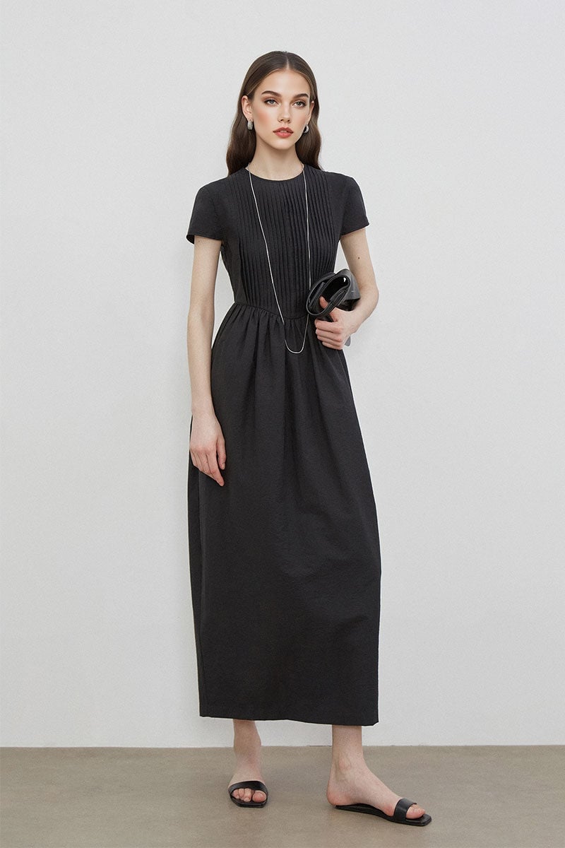 Dark Gray Midi Dress With Pleated Neckline Dark Gray Midi Dress With Pleated Neckline — Funeral Outfits