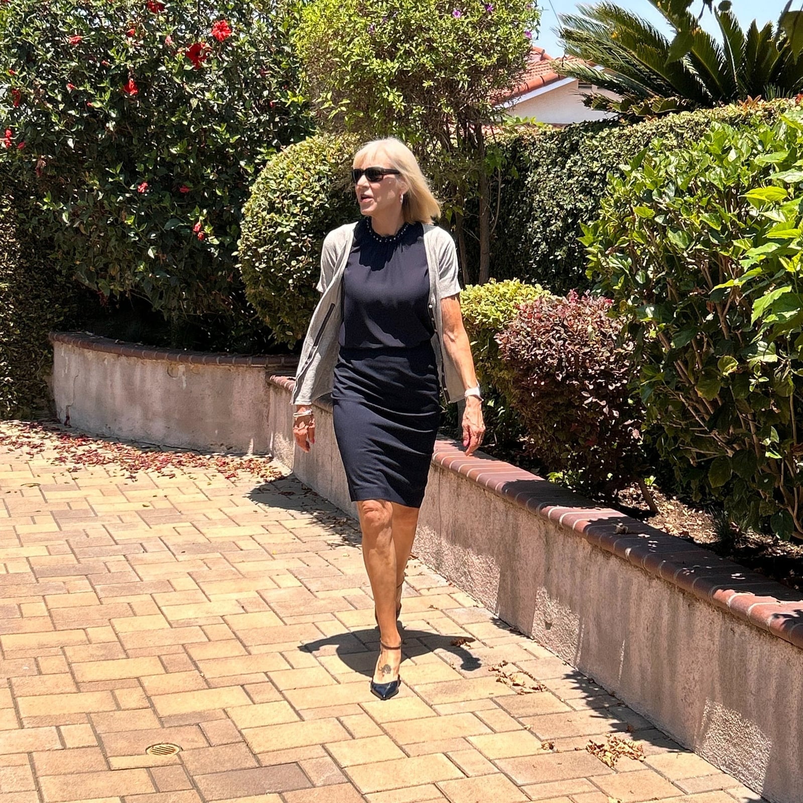 Navy Sheath Dress With Gray Cardigan Navy Sheath Dress With Gray Cardigan — Funeral Outfits