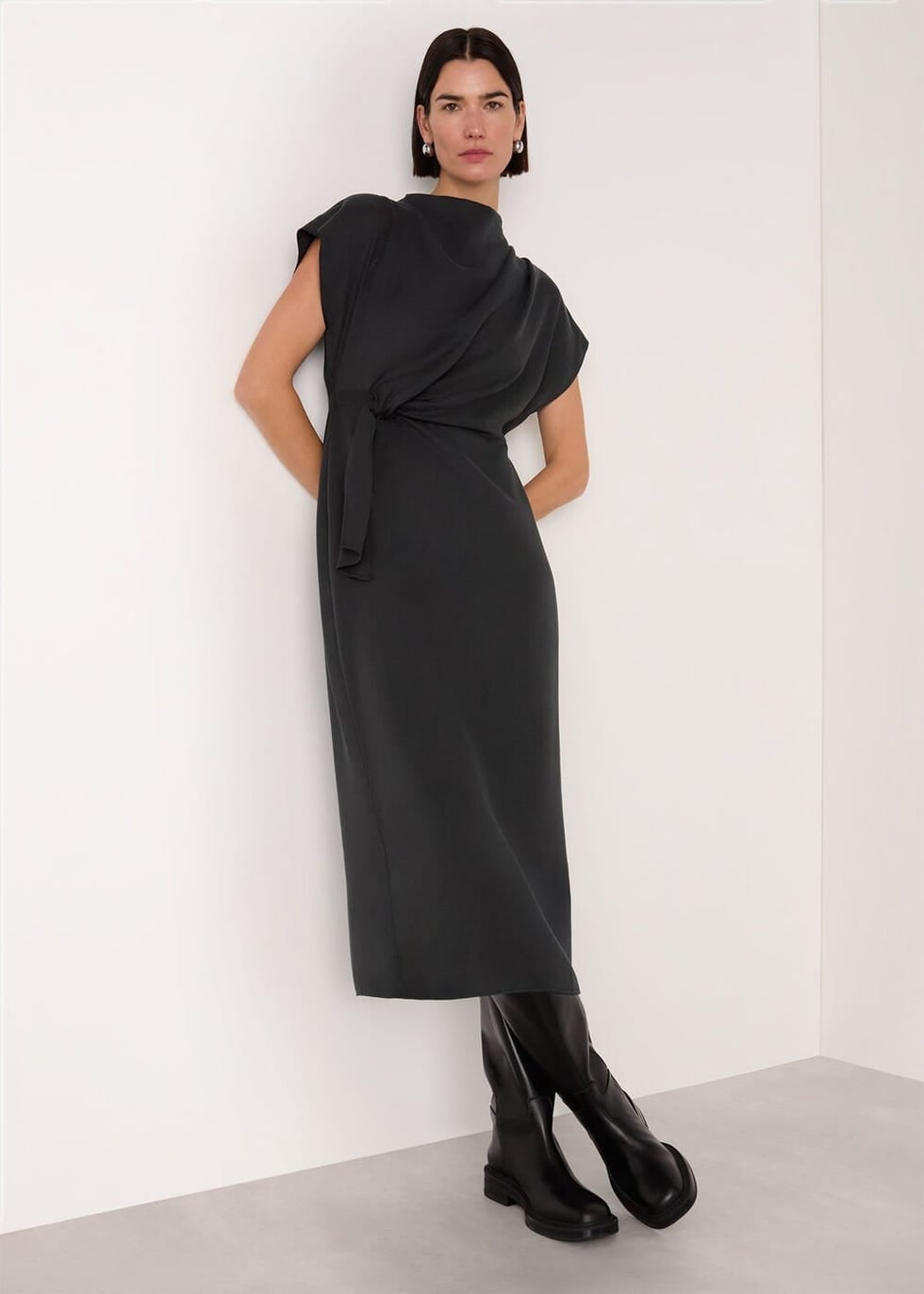 Draped Midi Dress With Tie Waist Draped Midi Dress With Tie Waist — Funeral Outfits