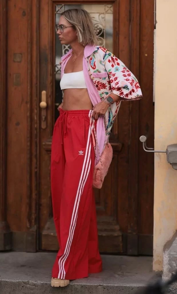 Red Track Pants with Floral Shirt and Cardigan — Game Day Outfits