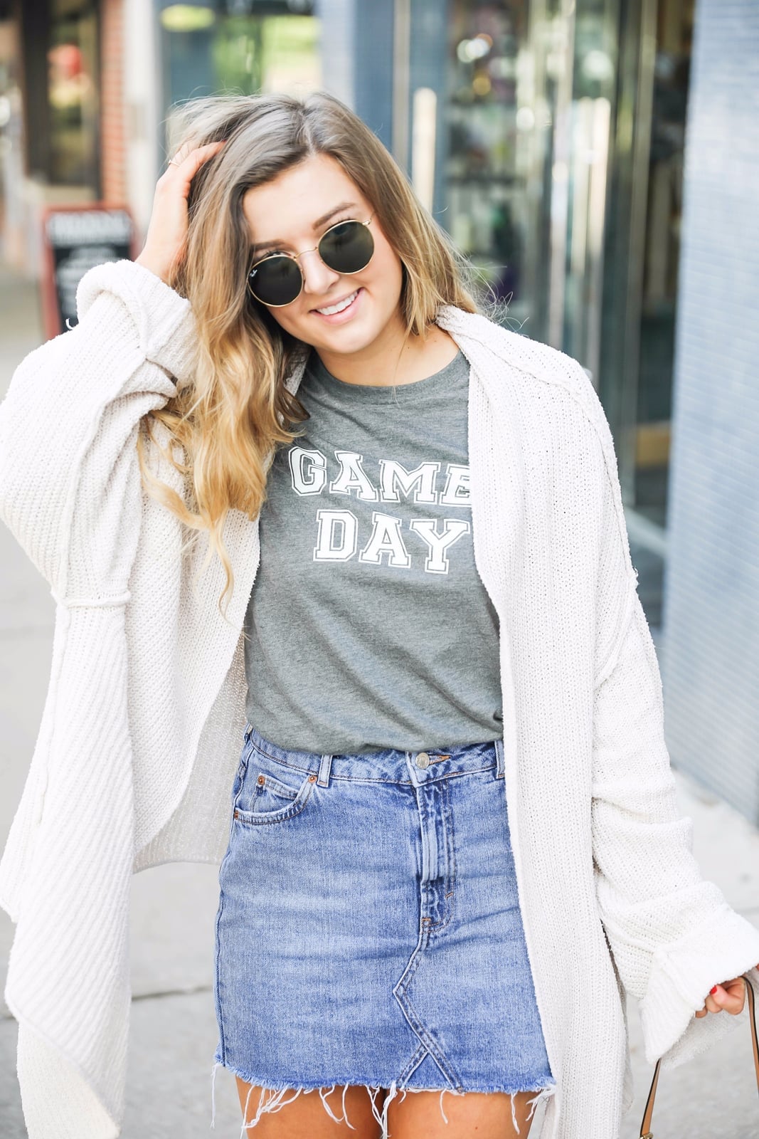 Gray 'GAME DAY' T-Shirt with Denim Mini Skirt and Tan Ankle Boots — Game Day Outfits
