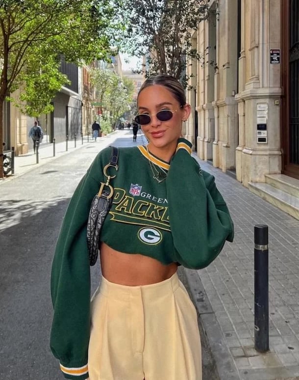 Green Oversized Sweatshirt with Wide-Leg Pants — Game Day Outfits