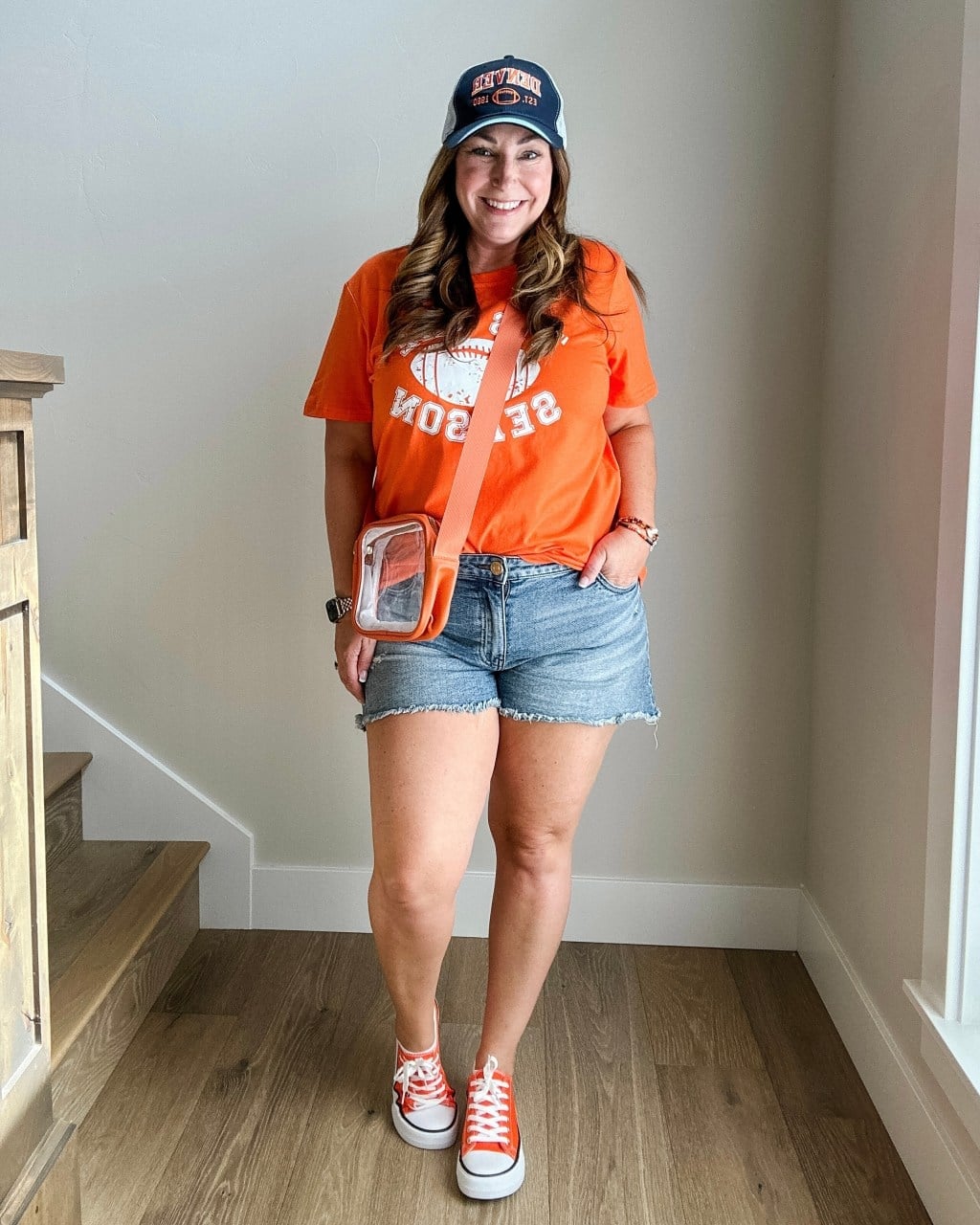 Orange Graphic T-Shirt with Distressed Denim, Office-Safe Version — Game Day Outfits