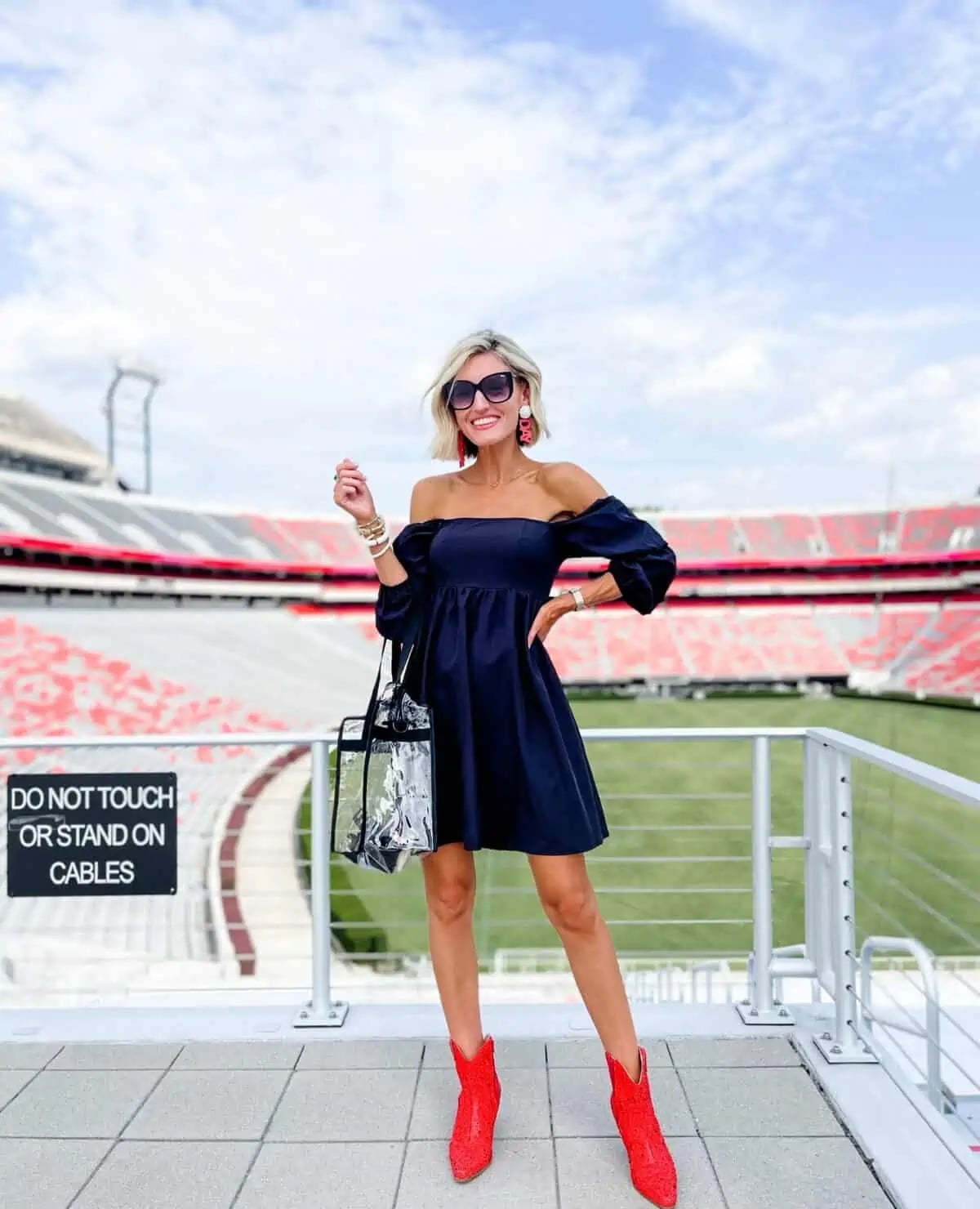 Navy Off-Shoulder Dress with Red Cowboy Boots — Game Day Outfits