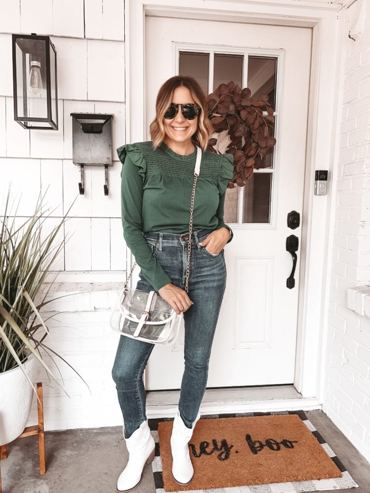 Green Ruffled Top with Denim Jeans and White Cowboy Boots — Game Day Outfits