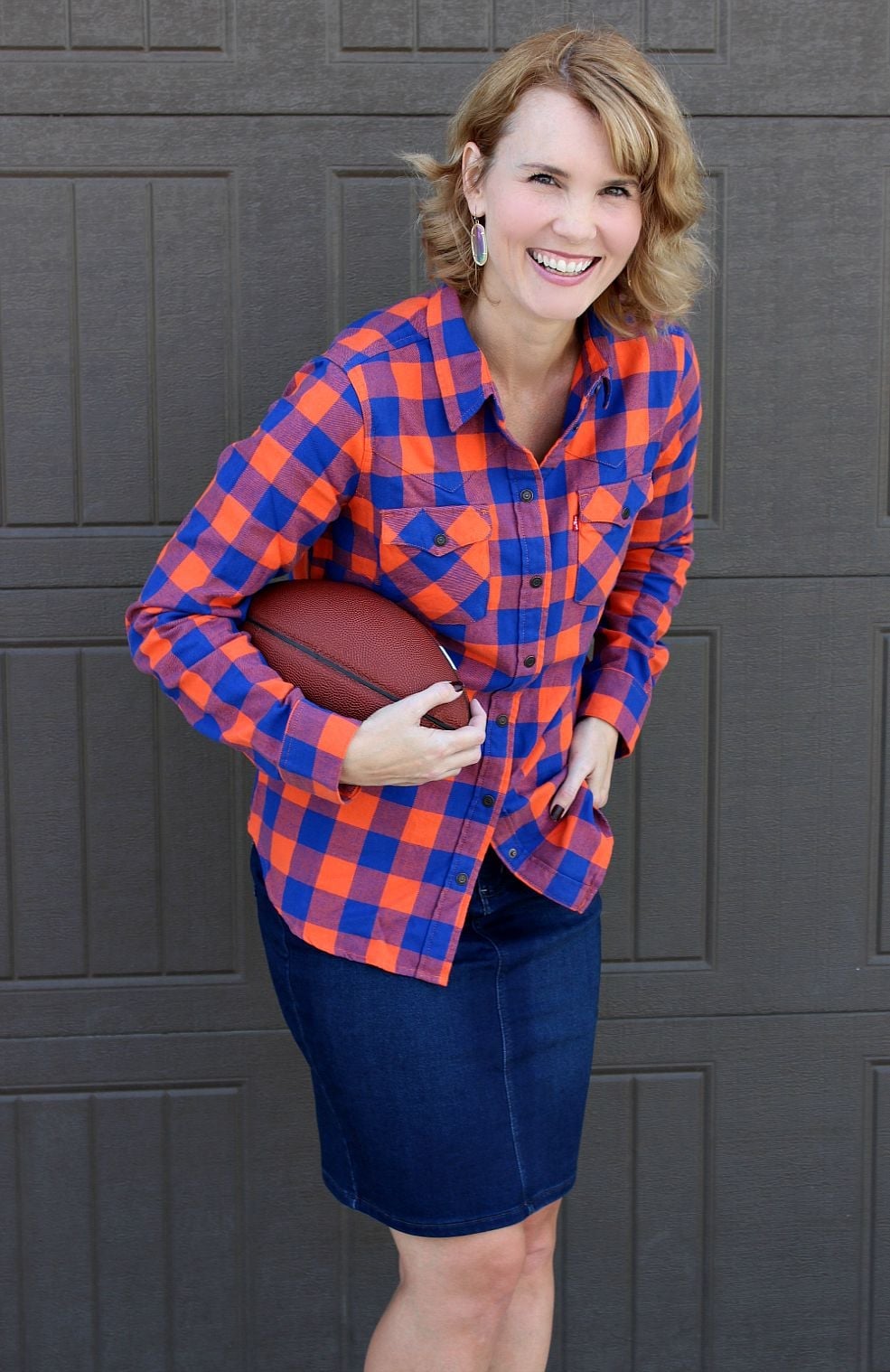 Plaid Flannel Shirt Over Denim Pencil Skirt — Game Day Outfits