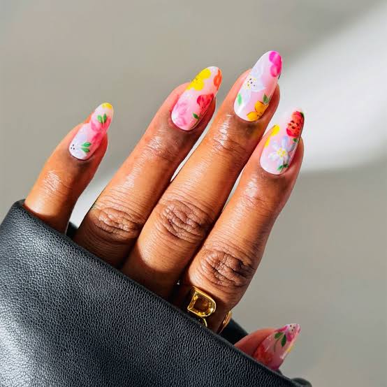 Colorful Floral Long Stiletto Nails — Gel Nails