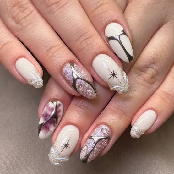 Abstract Silver Gray Glitter Cream Almond Nails — Gel Nails