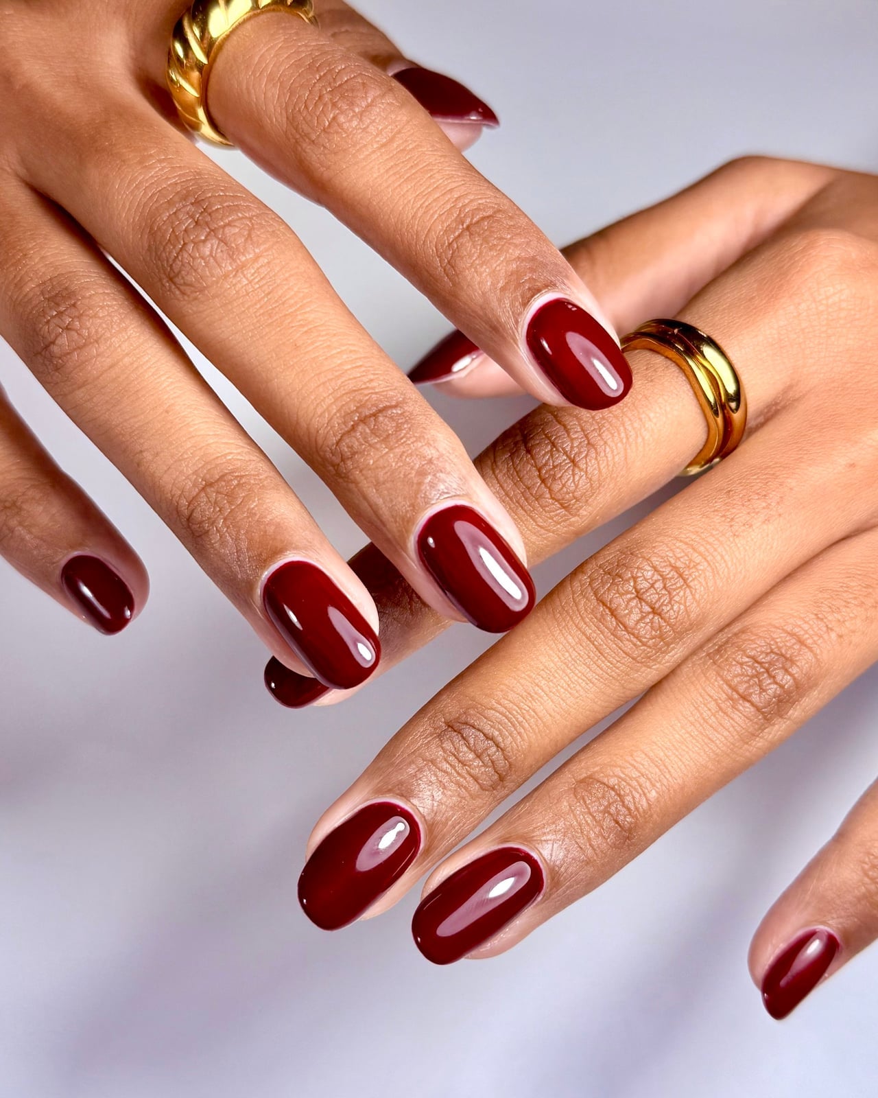 Rich Deep Red-Burgundy High Gloss Medium Oval Nails — Gel Nails