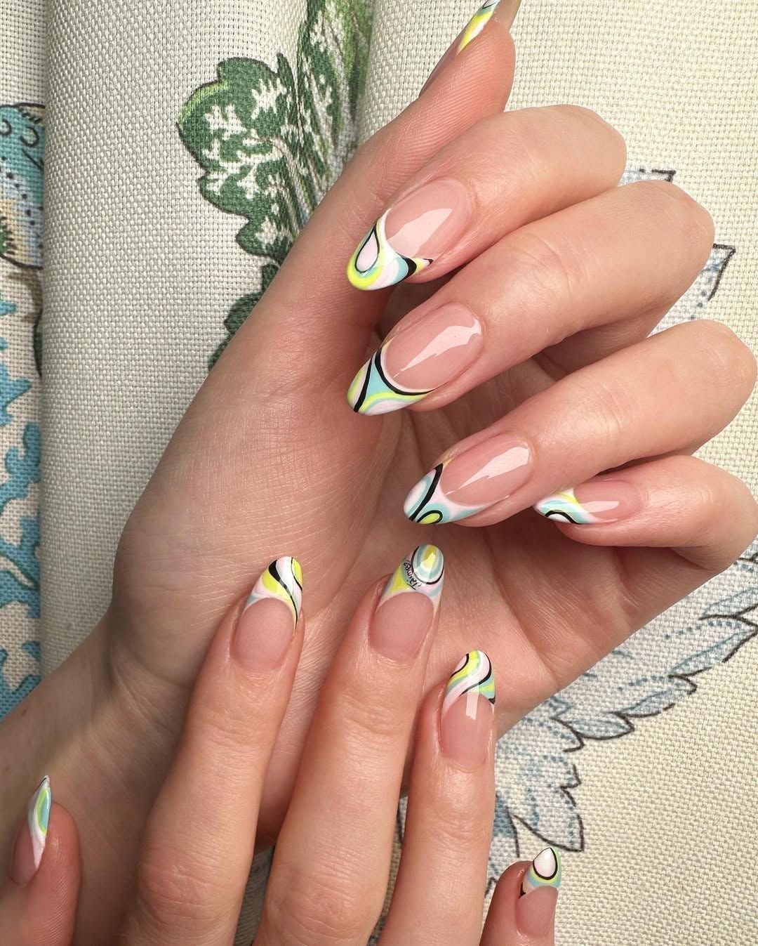 Abstract Swirl French Almond Nails — Gel Nails