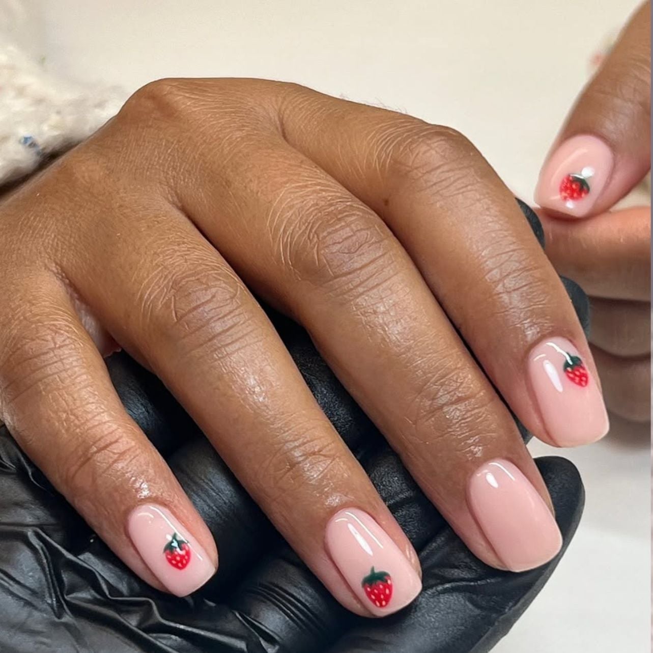 Strawberry Decals Sheer Pale Pink Short Square Nails — Gel Nails