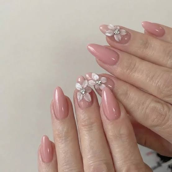 3D Floral Rhinestone Sheer Pink Medium Almond Nails — Gel Nails