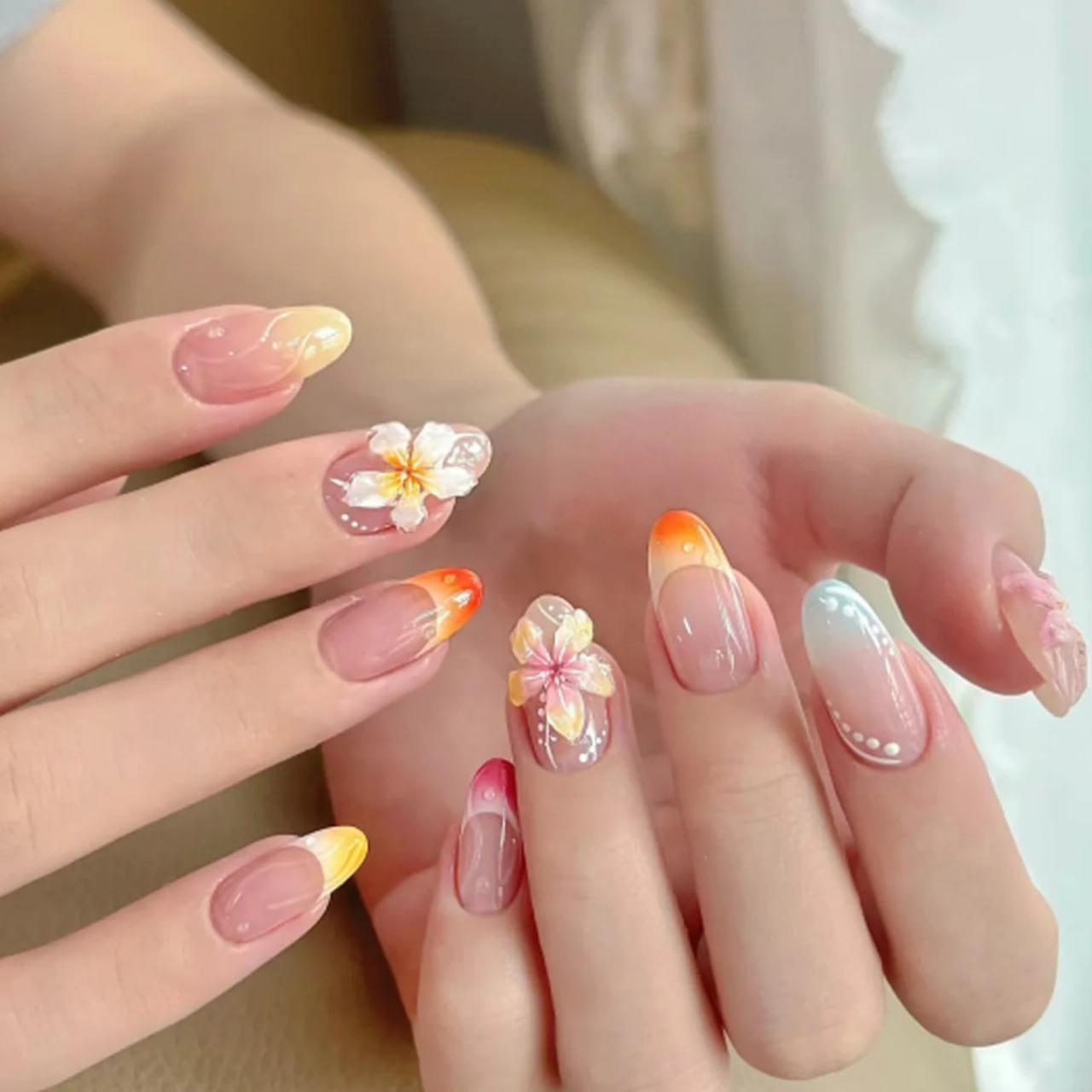 Gradient Floral Dots Medium Almond Nails — Gel Nails