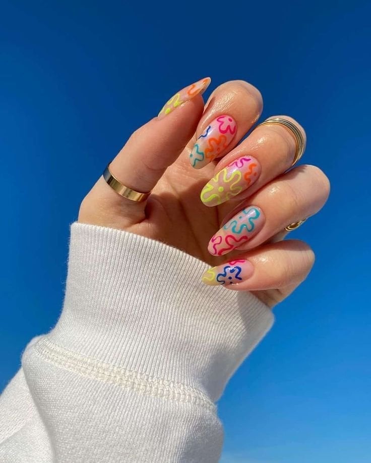 Neon Floral Outline Long Almond Nails — Gel Nails