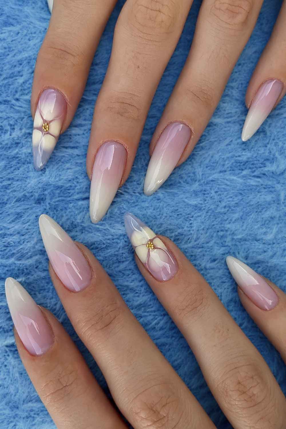 Nude to White Gradient 3D Flower Long Stiletto Nails — Gel Nails