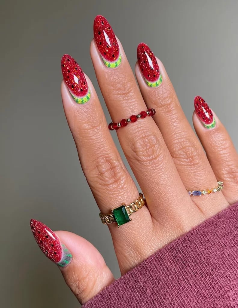 Watermelon Slice Medium Oval Nails — Gel Nails