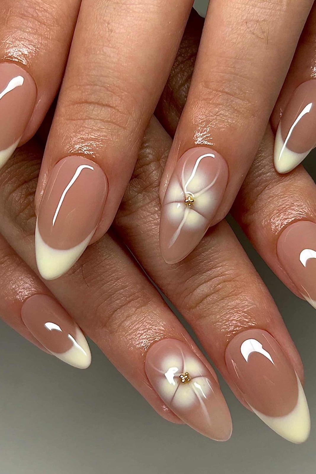 Medium Almond French With 3D Floral Art — Gel Nails Colors