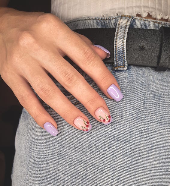 Short Square Lavender With Cherry Art — Gel Nails Colors