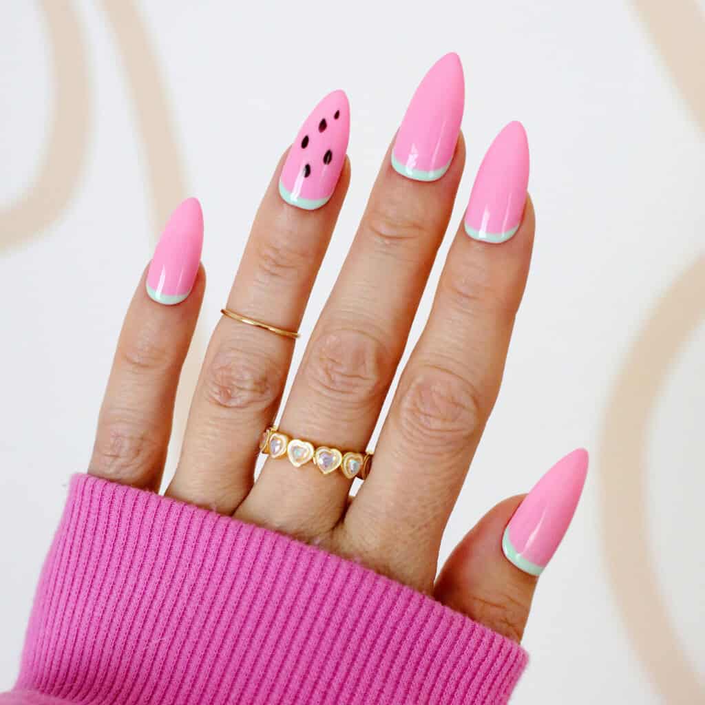 Long Almond Watermelon French Nails — Gel Nails Colors