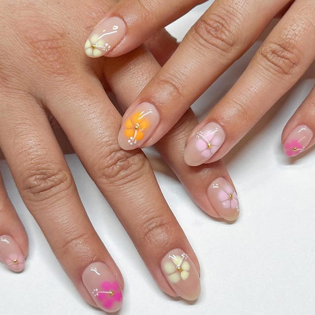 Short Oval Sheer Nude Floral Gold Bead Nails — Gel Nails Polish