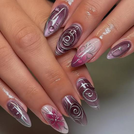 Long Pointed Abstract Purple Pink Silver Nails — Gel Nails Polish