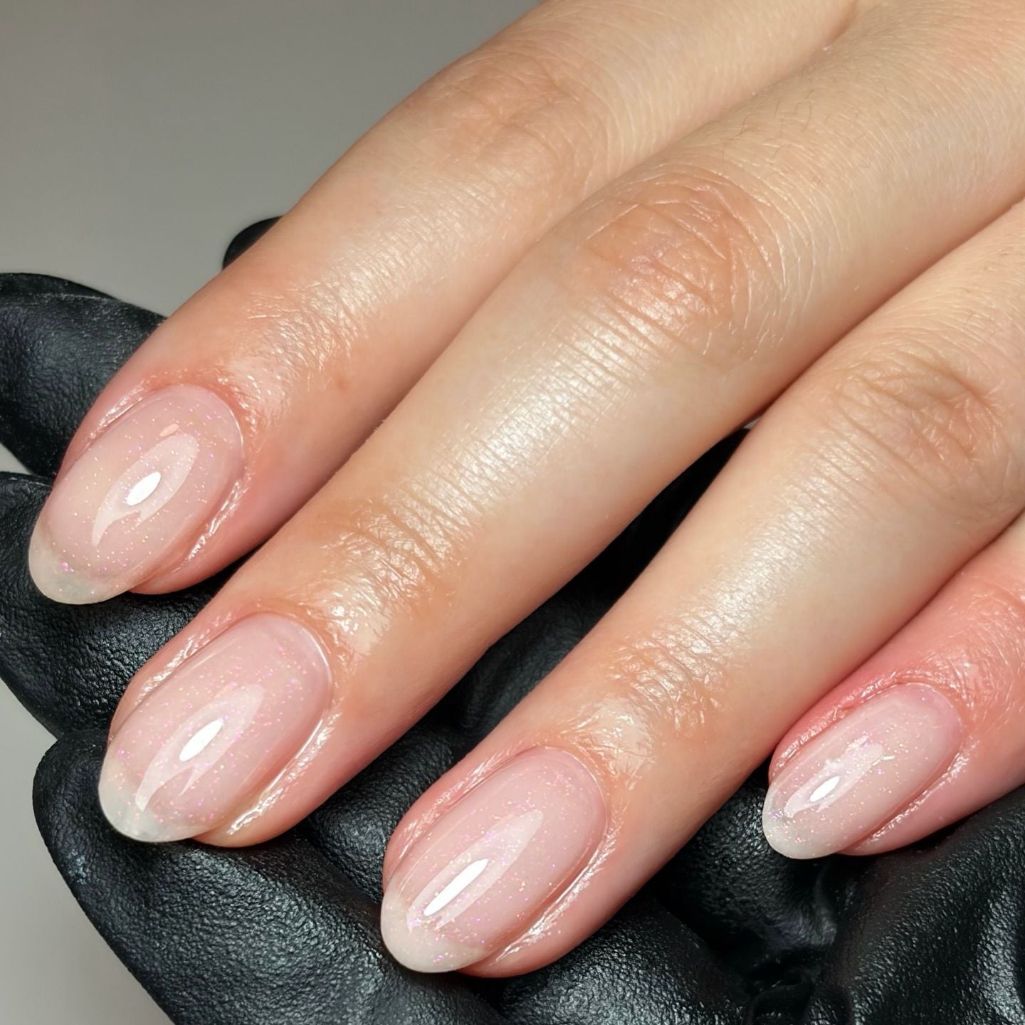 Short Oval Glassy Milky Pink Nails — Gel Nails Polish