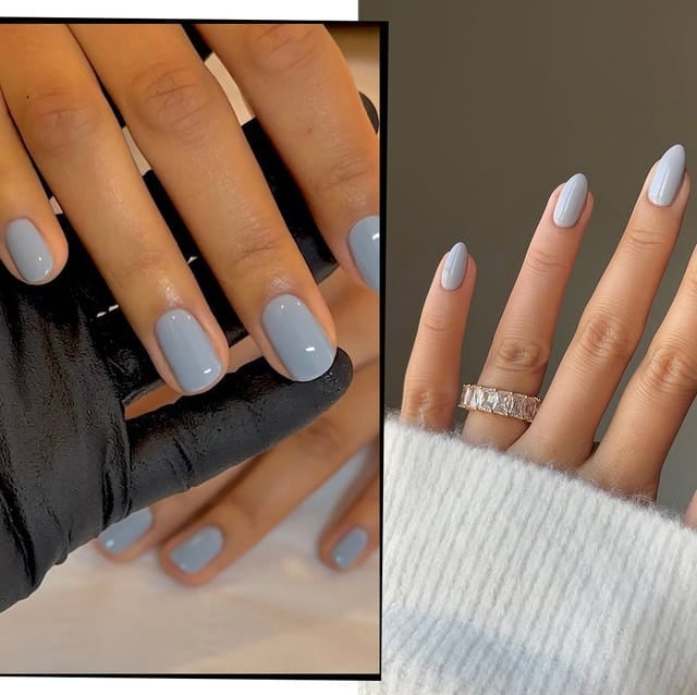 Short Square Muted Gray Blue Polish — Gel Nails Polish