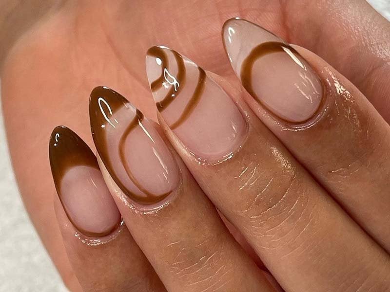 Short Almond Nude Brown Swirl French Nails — Gel Nails Polish