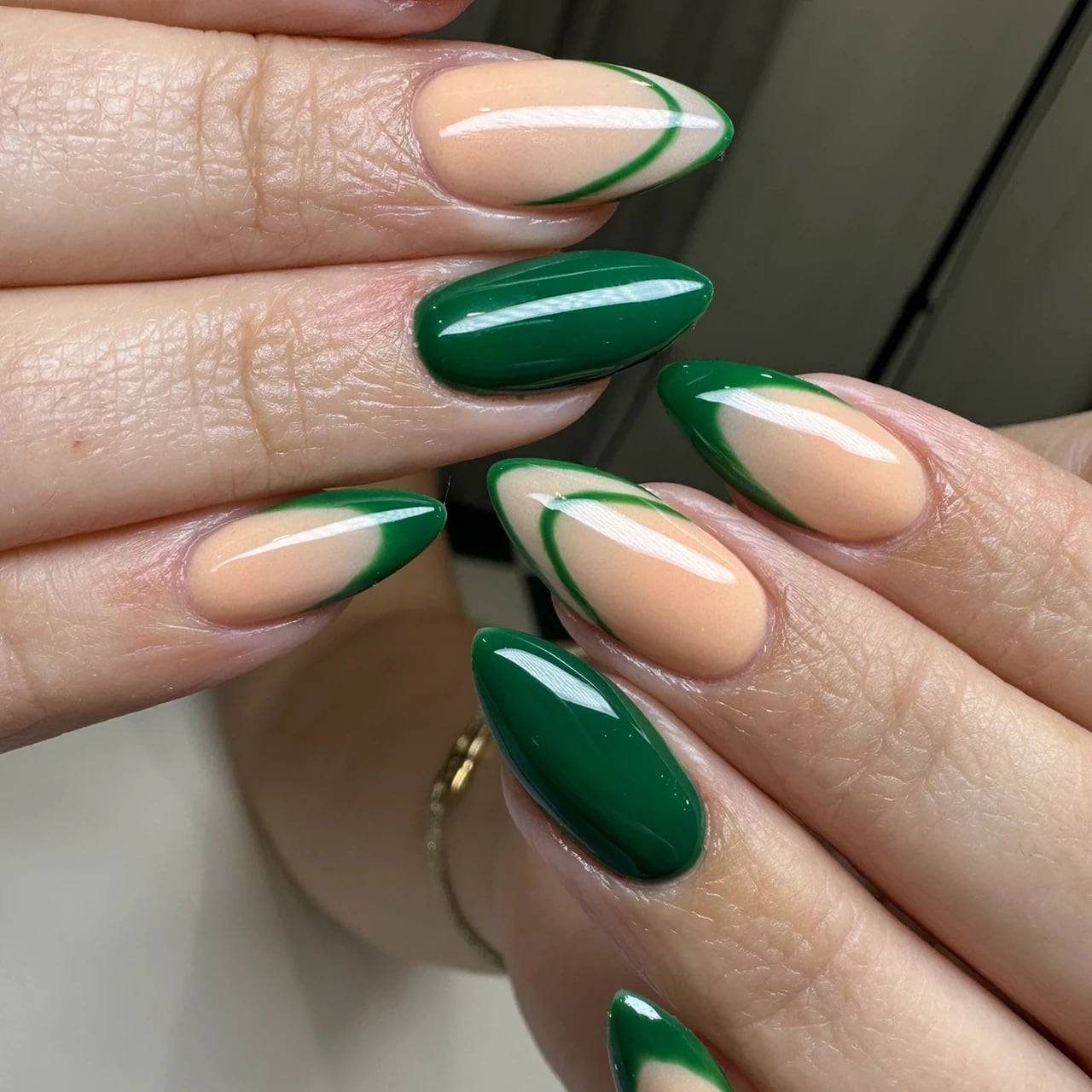 Medium Almond Nude Green Accent Nails — Gel Nails Polish