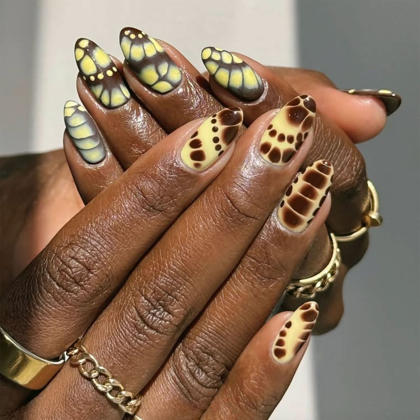 Long Almond Yellow Brown Butterfly Art Nails — Gel Nails Polish