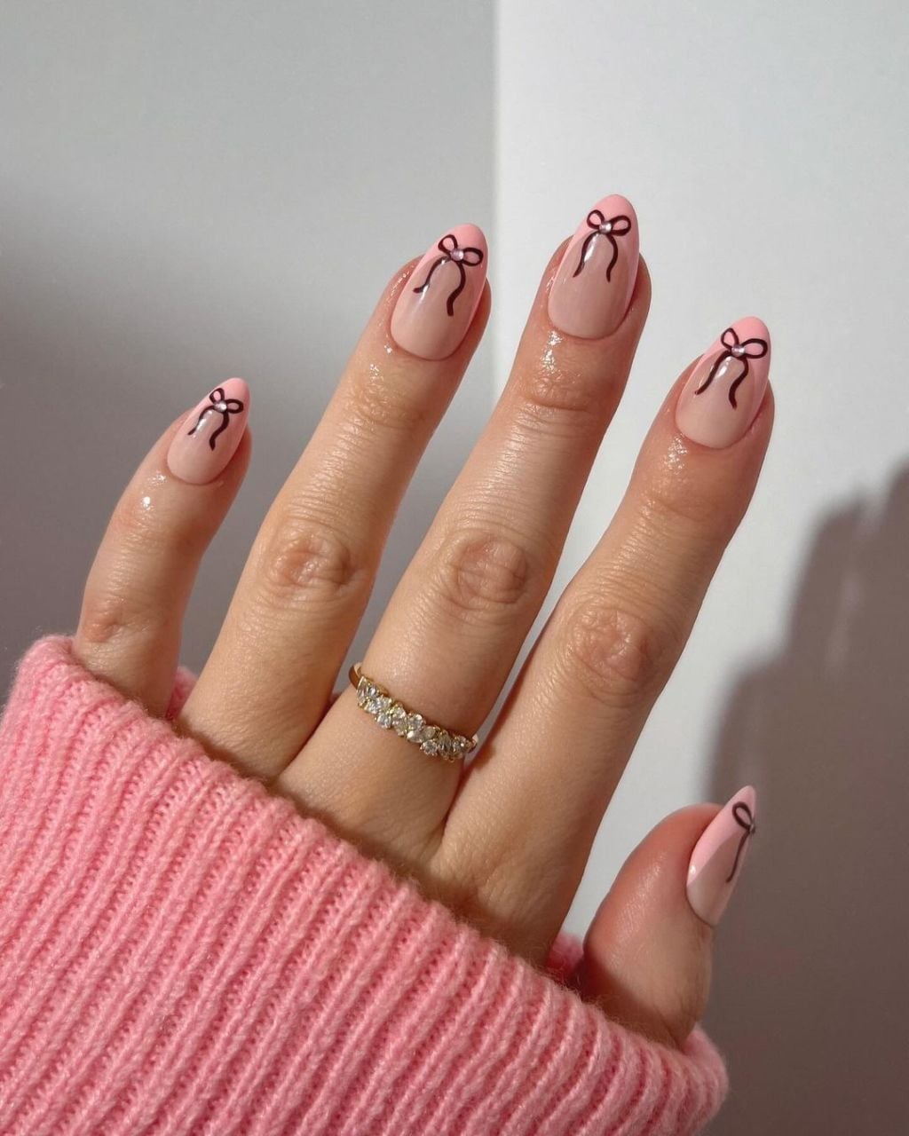 Medium Almond Sheer Pink Bow Nails — Gel Nails Polish