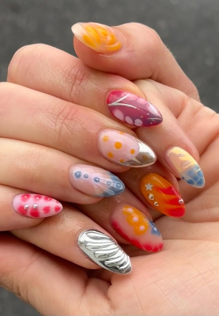 Medium Almond Summer Swirl Chrome Nails With A Purple Leaf Motif — Gel Nails Polish