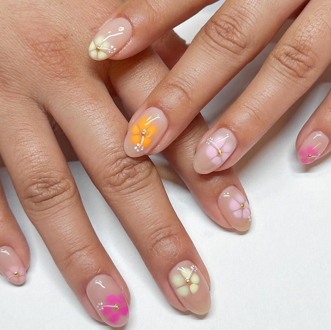 Medium Almond Nails with Floral Art Medium Almond Nails with Floral Art — Gel X Nails