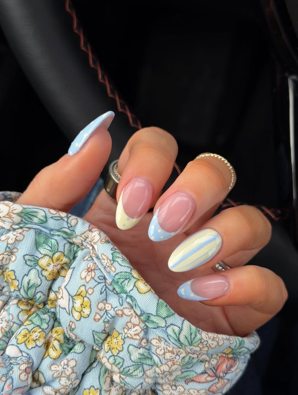 Almond Nails with Pastel French and Dots Almond Nails with Pastel French and Dots — Gel X Nails