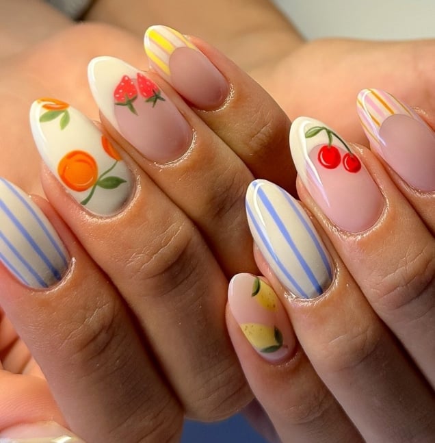 Medium Oval Summer Fruit Nails, Close-Up Take Medium Oval Summer Fruit Nails, Close-Up Take — Gel X Nails