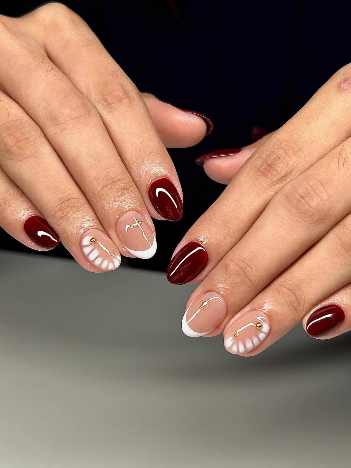 Deep Red with Floral Accent Nails Deep Red with Floral Accent Nails — Gel X Nails