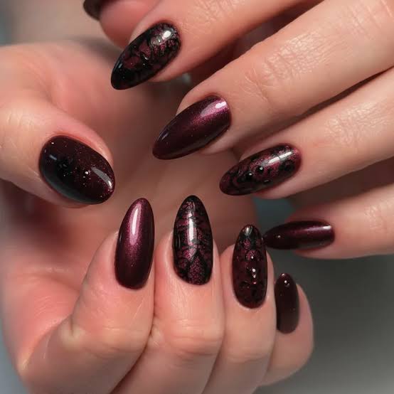 Burgundy Velvet Nails with Dark Pattern Burgundy Velvet Nails with Dark Pattern — Gel X Nails