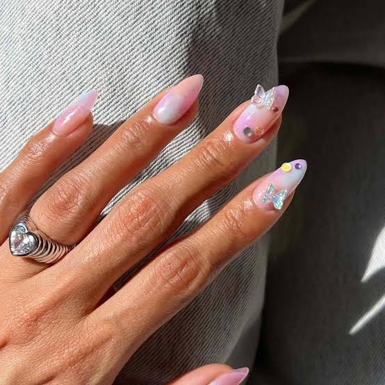 Long Almond with 3D Butterflies Long Almond with 3D Butterflies — Gel X Nails