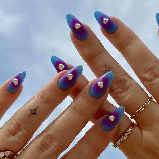 Blue to Purple Gradient Almond Nails with Charms Blue to Purple Gradient Almond Nails with Charms — Gel X Nails