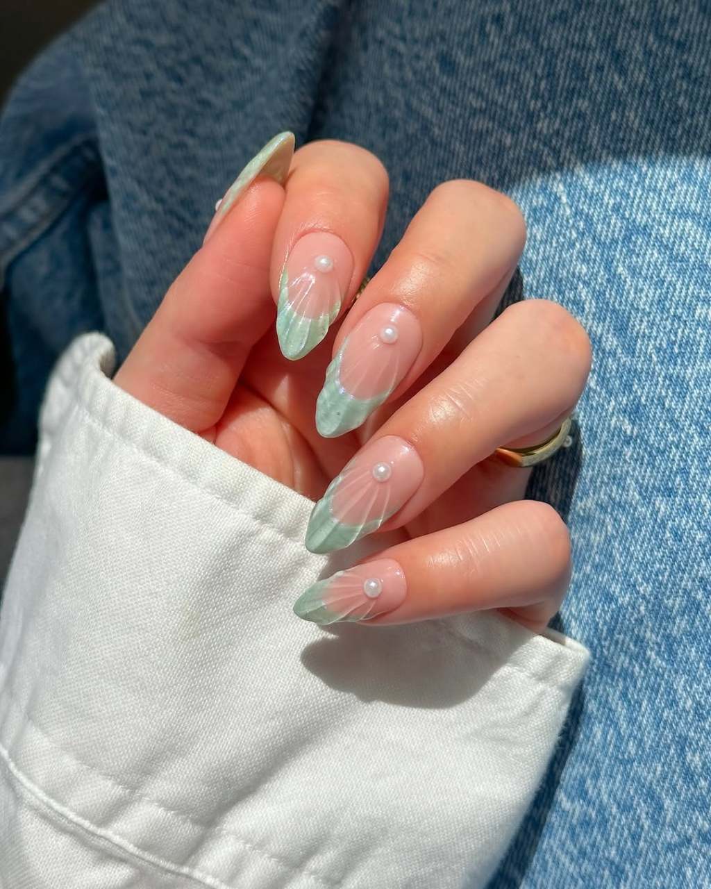 Almond Nails with Shell Art and Pearls Almond Nails with Shell Art and Pearls — Gel X Nails