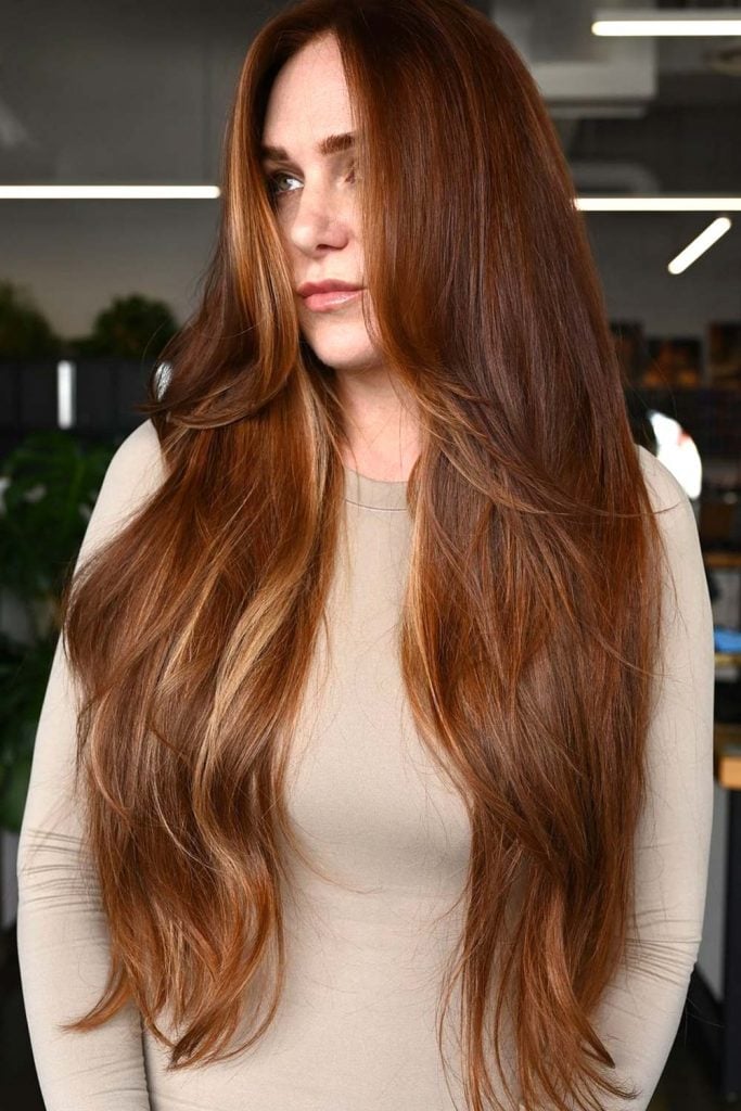 Deep Auburn Base With Lighter Auburn Highlights and Long Layers Deep Auburn Base With Lighter Auburn Highlights and Long Layers — Ginger Highlights