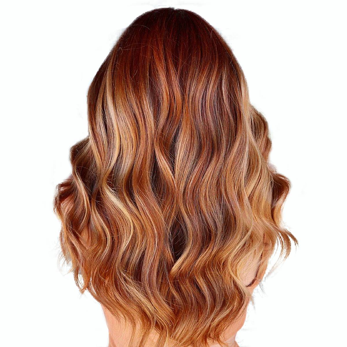 Mid-Back Waves With Ginger Base and Blonde Highlights Mid-Back Waves With Ginger Base and Blonde Highlights — Ginger Highlights
