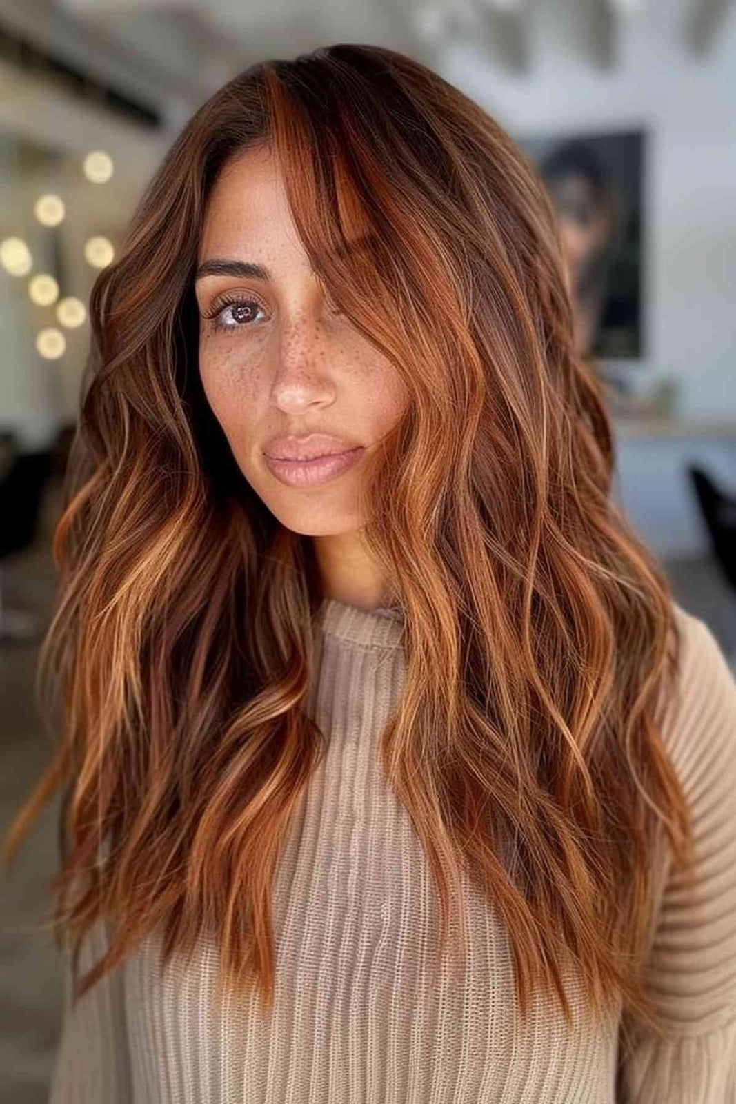 Mid-Back Layers With Curtain Bangs and Ginger Highlights Mid-Back Layers With Curtain Bangs and Ginger Highlights