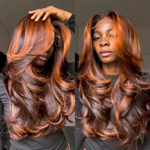 Dark Brown Base With Vibrant Ginger Highlights and Face-Framing Pieces Dark Brown Base With Vibrant Ginger Highlights and Face-Framing Pieces