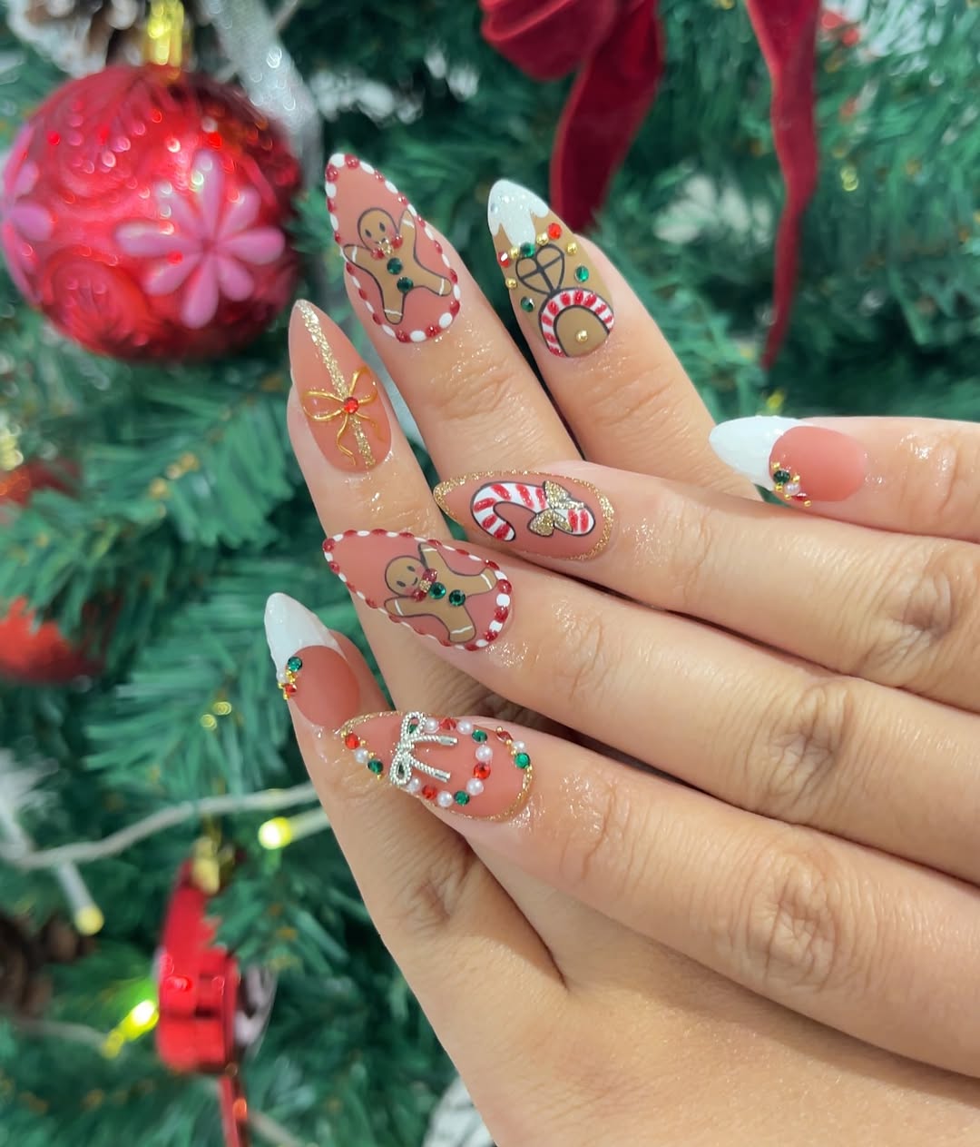 Gingerbread Christmas French Tip Almond Nails