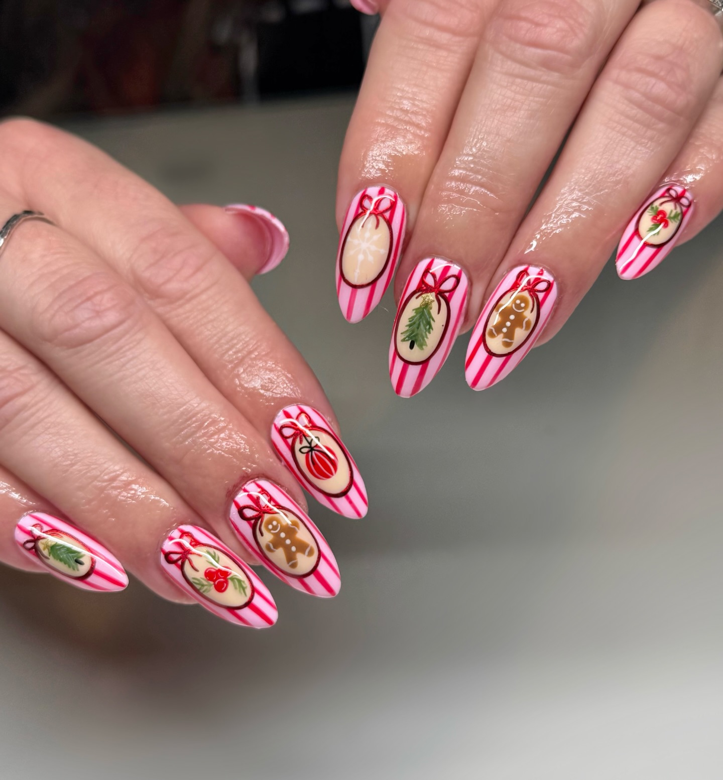 Gingerbread Christmas Ornament Almond Nails